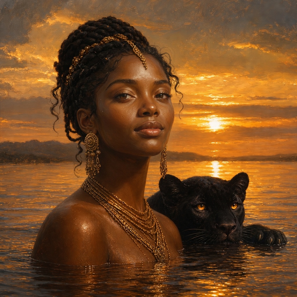 Gemälde: Frau mit Goldschmuck im Wasser bei Sonnenuntergang, neben ihr ein schwarzer Panther